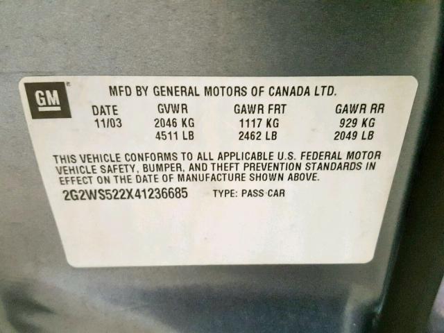 2G2WS522X41236685 - 2004 PONTIAC GRAND PRIX GRAY photo 10