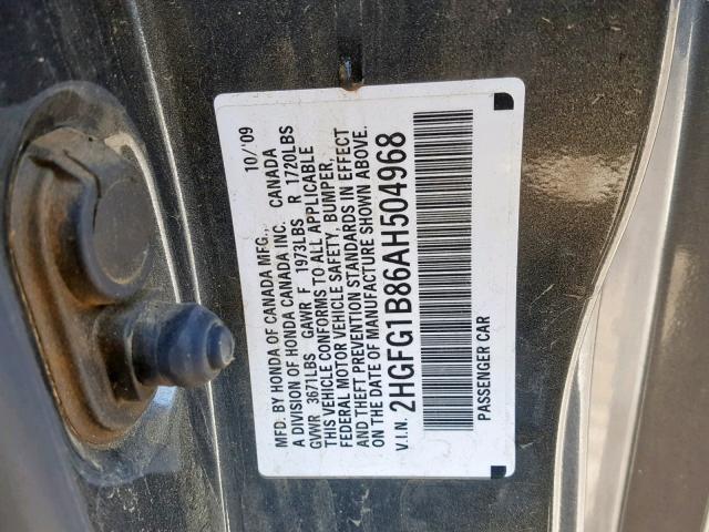 2HGFG1B86AH504968 - 2010 HONDA CIVIC EX GRAY photo 10