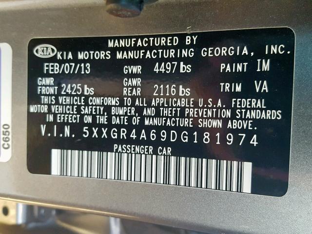 5XXGR4A69DG181974 - 2013 KIA OPTIMA SX GRAY photo 10