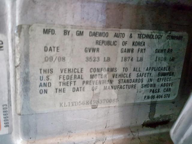 KL1TD56E49B370085 - 2009 CHEVROLET AVEO LS SILVER photo 10