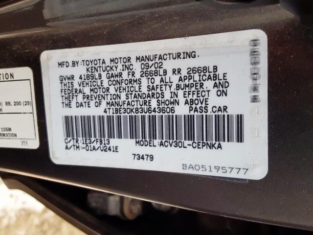4T1BE30K83U643606 - 2003 TOYOTA CAMRY LE  photo 10