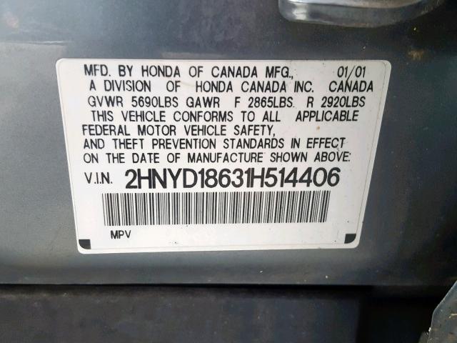 2HNYD18631H514406 - 2001 ACURA MDX TOURIN GRAY photo 10