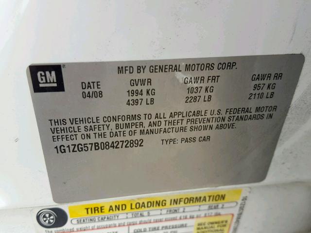 1G1ZG57B084272892 - 2008 CHEVROLET MALIBU LS WHITE photo 10