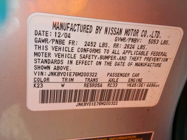 JNKBY01E76M200322 - 2006 INFINITI M45 BASE GRAY photo 10