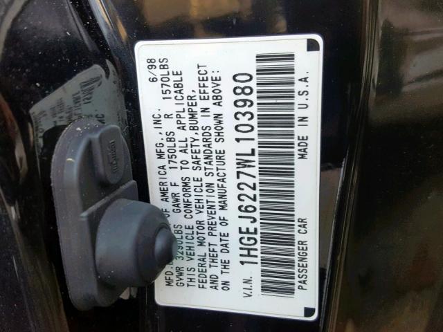 1HGEJ6227WL103980 - 1998 HONDA CIVIC DX BLACK photo 10