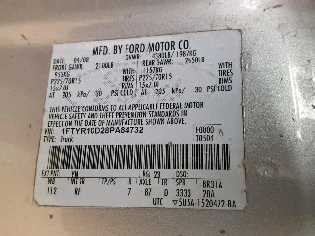 1FTYR10D28PA84732 - 2008 FORD RANGER SILVER photo 10