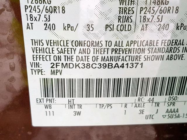 2FMDK38C39BA41371 - 2009 FORD EDGE SEL BURGUNDY photo 10