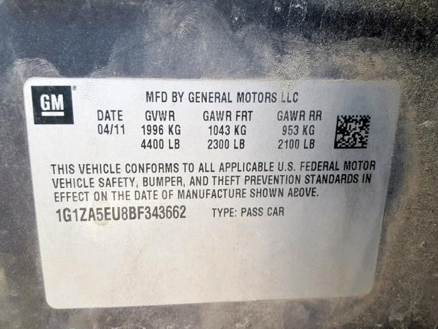 1G1ZA5EU8BF343662 - 2011 CHEVROLET MALIBU LS 灰色 照片 10