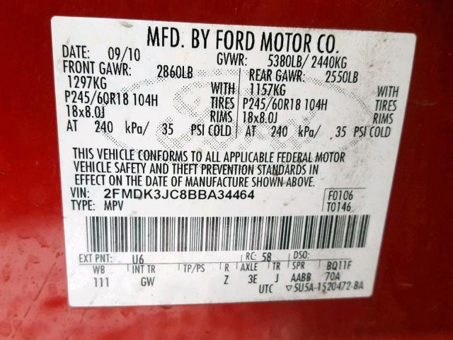 2FMDK3JC8BBA34464 - 2011 FORD EDGE SEL RED photo 10