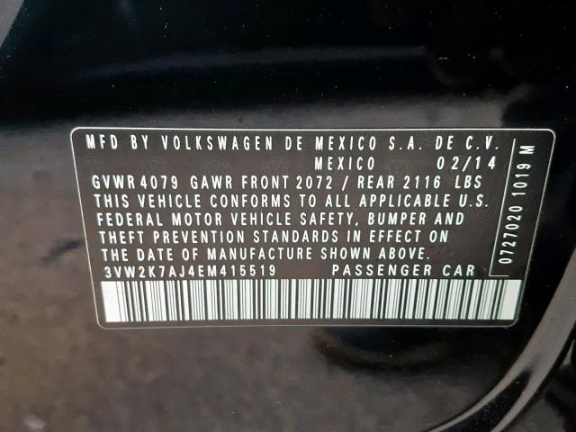 3VW2K7AJ4EM415519 - 2014 VOLKSWAGEN JETTA BASE BLACK photo 10
