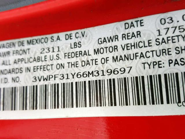 3VWPF31Y66M319697 - 2006 VOLKSWAGEN NEW BEETLE წითელი ფოტო 10