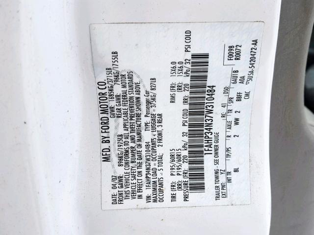 1FAHP34N37W310484 - 2007 FORD FOCUS ZX4 WHITE photo 10