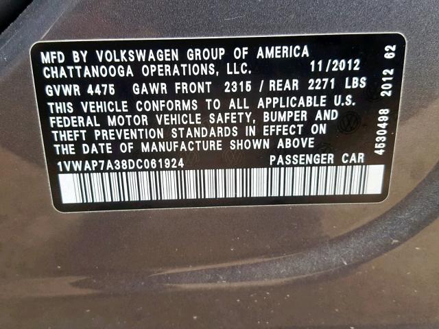 1VWAP7A38DC061924 - 2013 VOLKSWAGEN PASSAT S GRAY photo 10