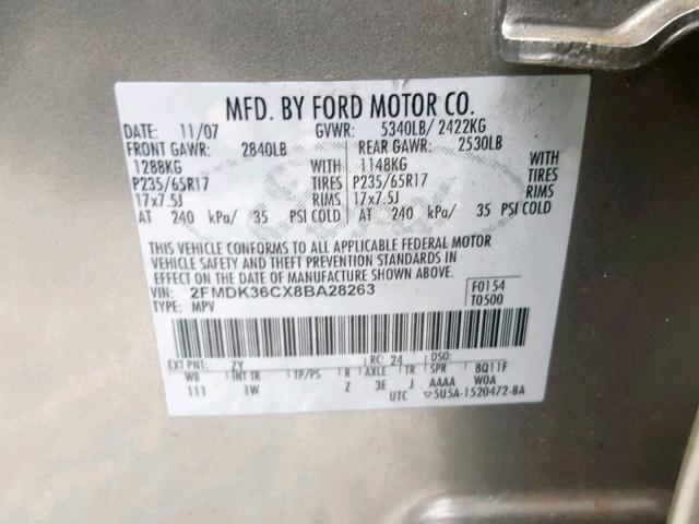 2FMDK36CX8BA28263 - 2008 FORD EDGE SE SILVER photo 10