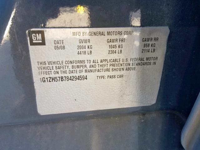 1G1ZH57B784294594 - 2008 CHEVROLET MALIBU 1LT CHARCOAL photo 10