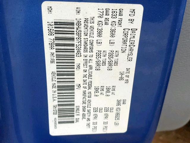 1A8HW58P87F520463 - 2007 CHRYSLER ASPEN LIMI BLUE photo 10