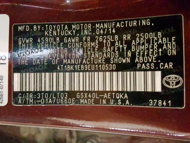 4T1BK1EB9EU110530 - 2014 TOYOTA AVALON BAS MAROON photo 10