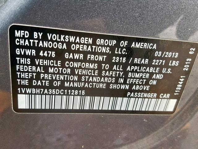 1VWBH7A35DC112815 - 2013 VOLKSWAGEN PASSAT SE GRAY photo 10