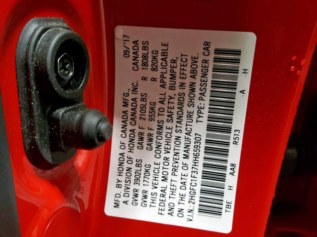 2HGFC1F37HH659307 - 2017 HONDA CIVIC EX RED photo 10
