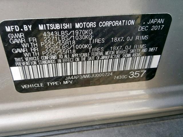 JA4AP3AW6JU000724 - 2018 MITSUBISHI OUTLANDER GRAY photo 10