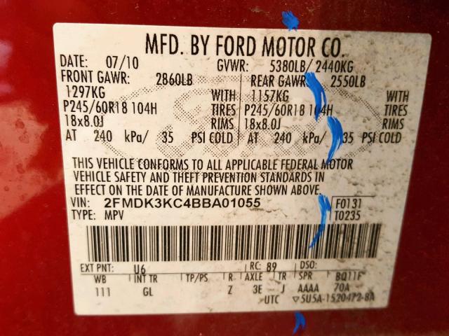 2FMDK3KC4BBA01055 - 2011 FORD EDGE LIMIT BURGUNDY photo 10