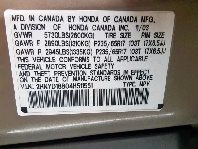 2HNYD18804H511551 - 2004 ACURA MDX TOURIN GOLD photo 10