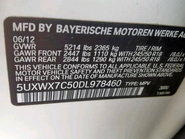 5UXWX7C50DL978460 - 2013 BMW X3 XDRIVE3 WHITE photo 10