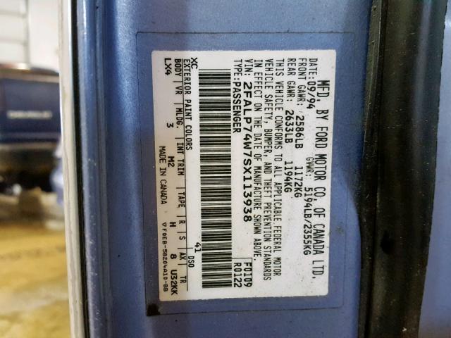 2FALP74W7SX113938 - 1995 FORD CROWN VICT BLUE photo 10