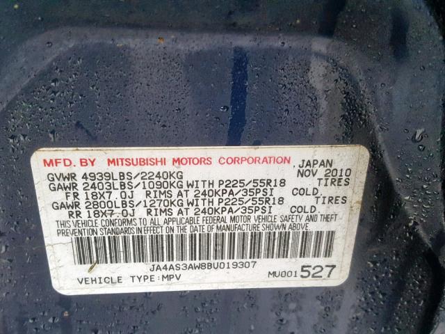 JA4AS3AW8BU019307 - 2011 MITSUBISHI OUTLANDER BLUE photo 10