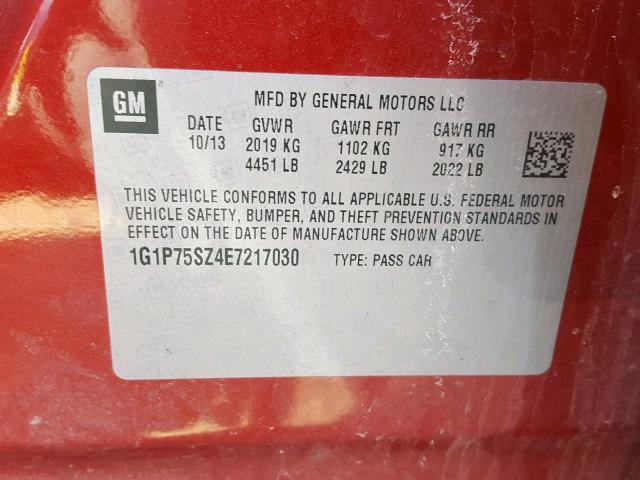 1G1P75SZ4E7217030 - 2014 CHEVROLET CRUZE MAROON photo 10