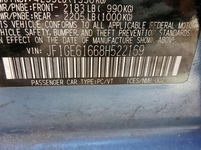 JF1GE61668H522169 - 2008 SUBARU IMPREZA 2. BLUE photo 10