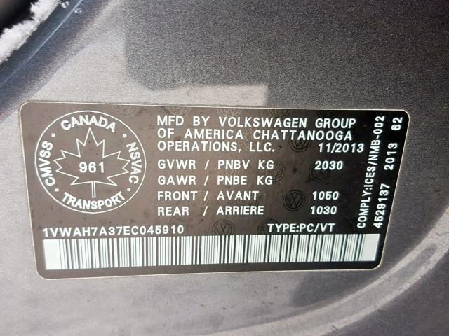 1VWAH7A37EC045910 - 2014 VOLKSWAGEN PASSAT S GRAY photo 10