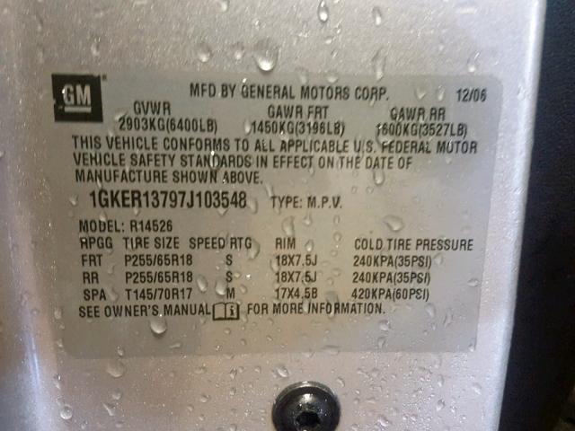 1GKER13797J103548 - 2007 GMC ACADIA SLE SILVER photo 10