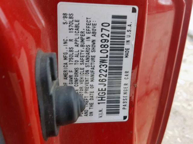 1HGEJ6223WL089270 - 1998 HONDA CIVIC DX RED photo 10