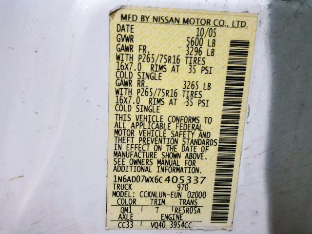 1N6AD07WX6C405337 - 2006 NISSAN FRONTIER C WHITE photo 10