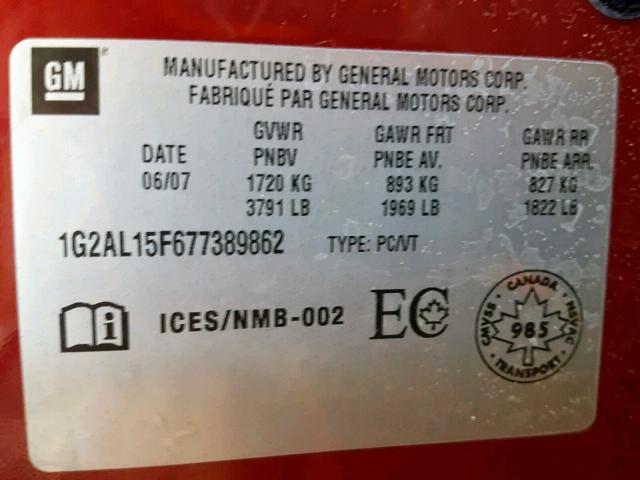 1G2AL15F677389862 - 2007 PONTIAC G5 RED photo 10