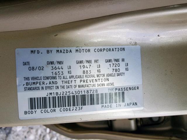 JM1BJ225430118728 - 2003 MAZDA PROTEGE DX GOLD photo 10