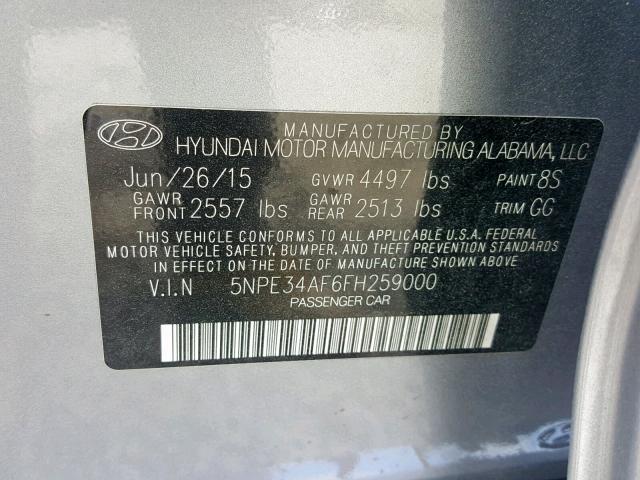 5NPE34AF6FH259000 - 2015 HYUNDAI SONATA SPO SILVER photo 10