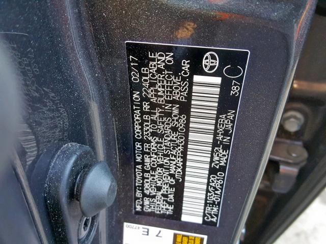 JTDKARFP9H3010986 - 2017 TOYOTA PRIUS PRIM ნაცრისფერი ფოტო 10