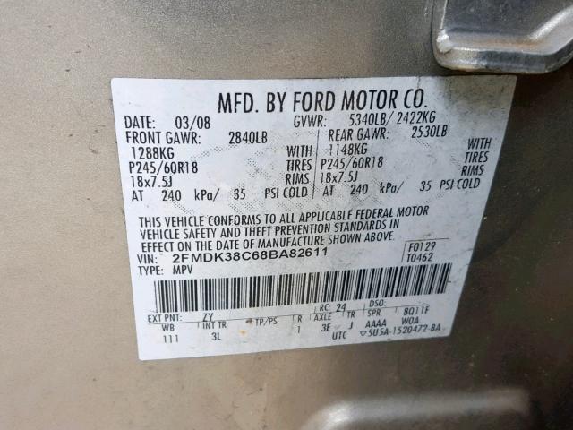 2FMDK38C68BA82611 - 2008 FORD EDGE SEL SILVER photo 10