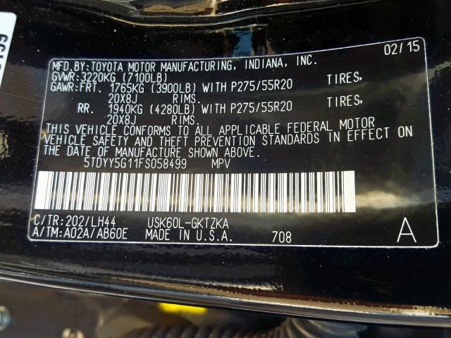 5TDYY5G11FS058499 - 2015 TOYOTA SEQUOIA PL BLACK photo 10