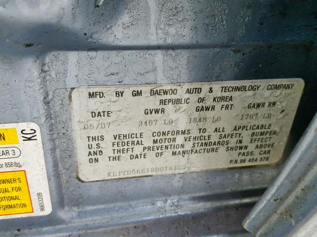 KL1TD56618B018122 - 2008 CHEVROLET AVEO BASE ლურჯი ფოტო 10