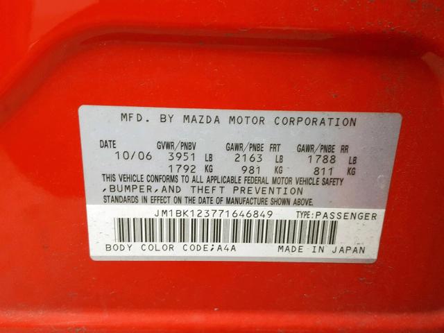 JM1BK123771646849 - 2007 MAZDA 3 S RED photo 10