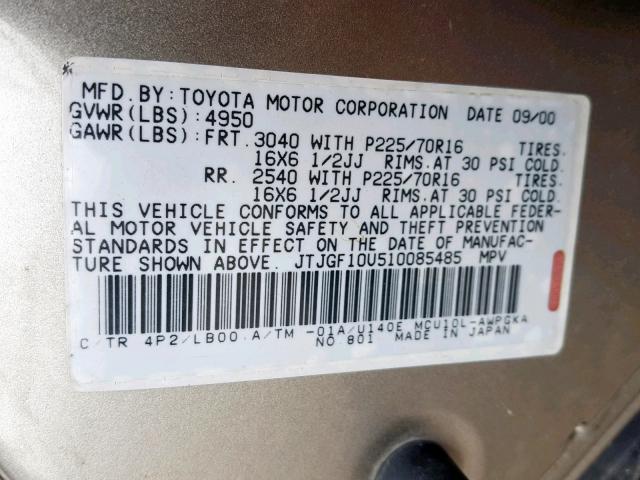 JTJGF10U510085485 - 2001 LEXUS RX 300 TAN photo 10