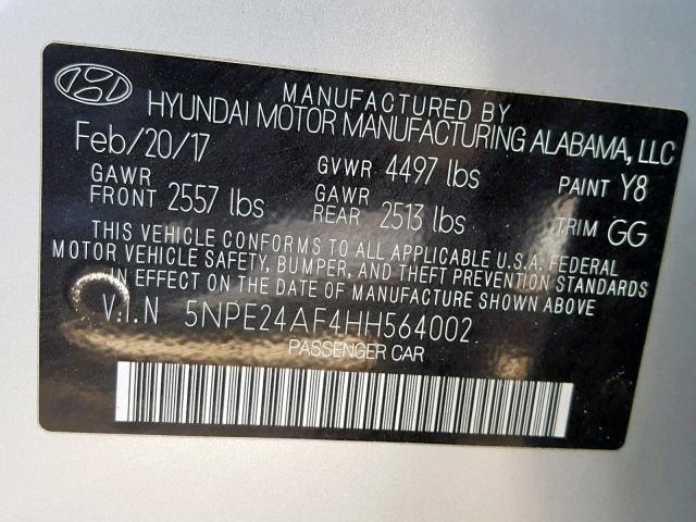 5NPE24AF4HH564002 - 2017 HYUNDAI SONATA SE SILVER photo 10