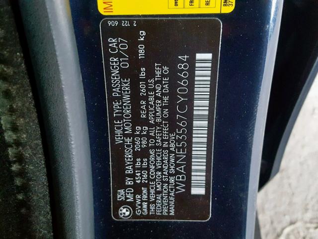 WBANE53567CY06684 - 2007 BMW 525 I BLUE photo 10