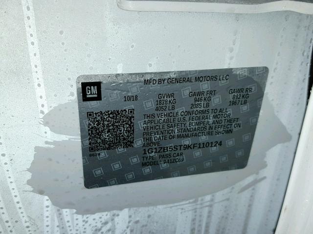 1G1ZB5ST9KF110124 - 2019 CHEVROLET MALIBU LS WHITE photo 10