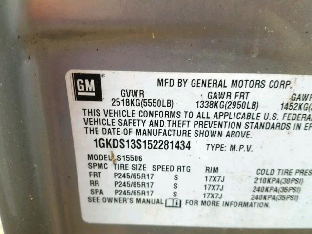 1GKDS13S152281434 - 2005 GMC ENVOY SILVER photo 10