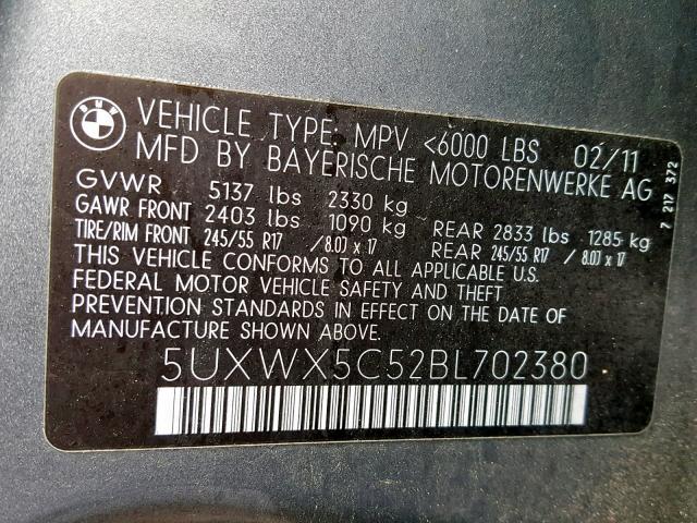 5UXWX5C52BL702380 - 2011 BMW X3 XDRIVE2 GRAY photo 10