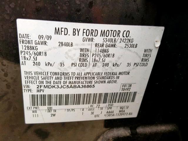 2FMDK3JC5ABA36865 - 2010 FORD EDGE SEL BLACK photo 10